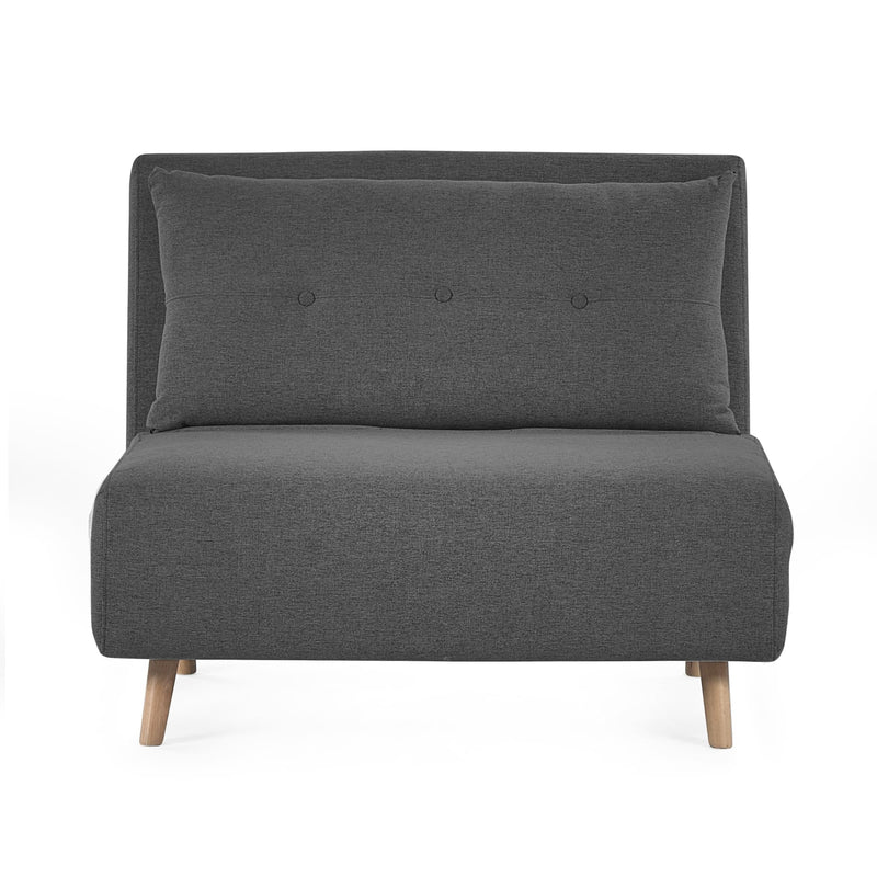 Gray upholstered chair with wooden legs on a white background