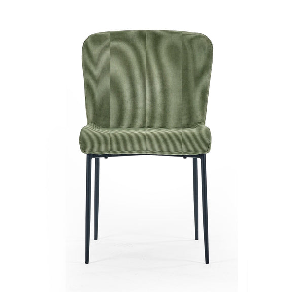 Green upholstered chair with black legs on a white background