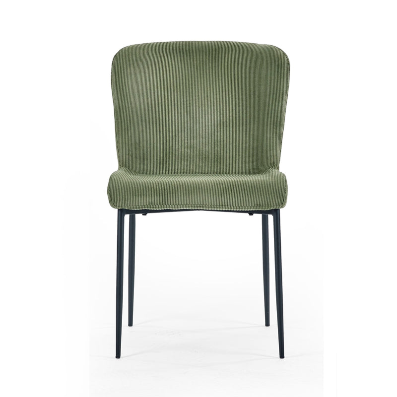 Green upholstered chair with black legs on a white background