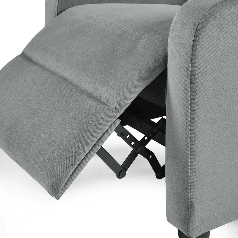 Gray upholstered chair with a folded gray blanket on a white background