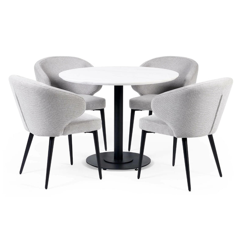 Round white table with four gray chairs on a white background