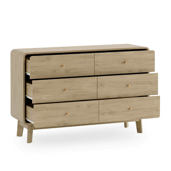 Wooden dresser with multiple drawers on a white background
