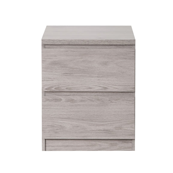 Wooden nightstand with two drawers on a white background