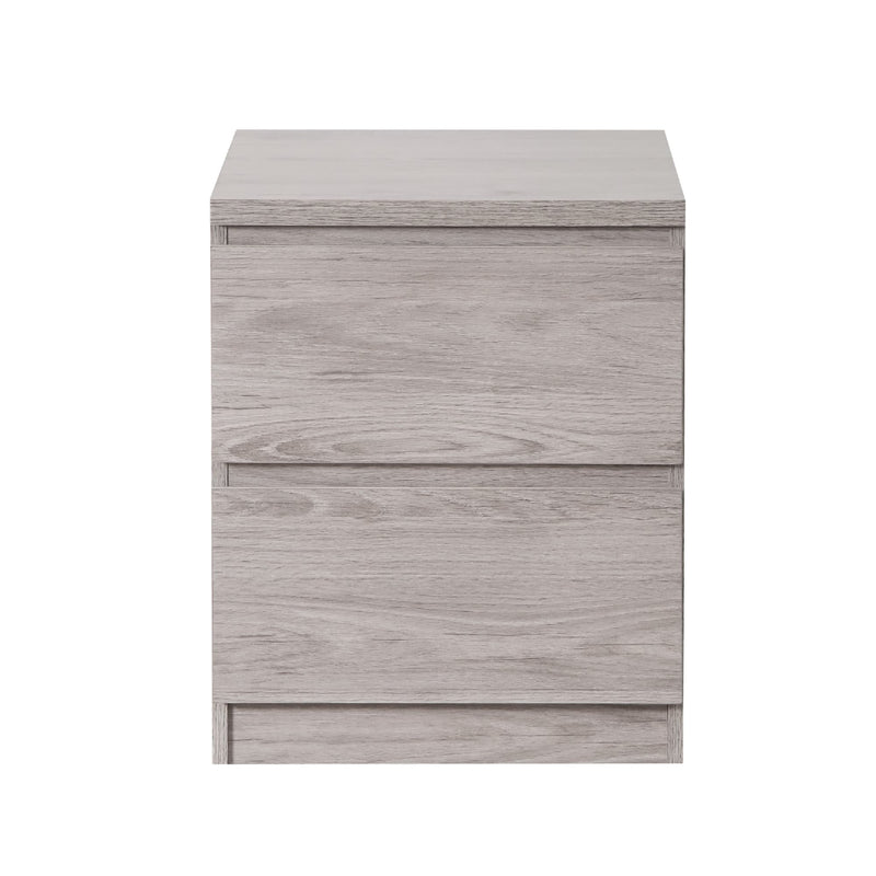 Wooden nightstand with two drawers on a white background