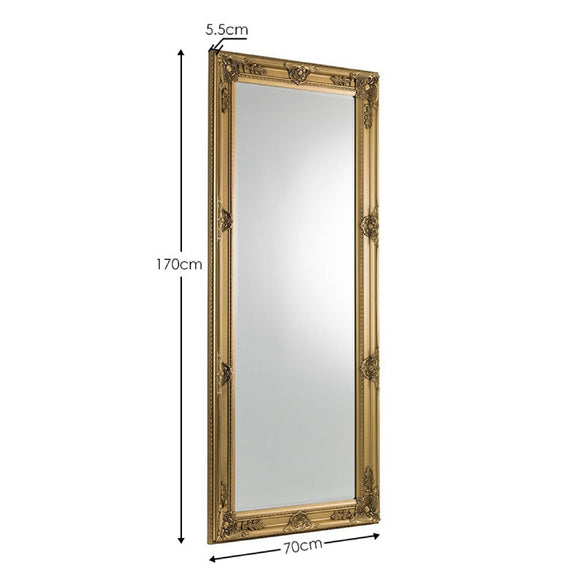 Gold-framed mirror with dimensions on a white background