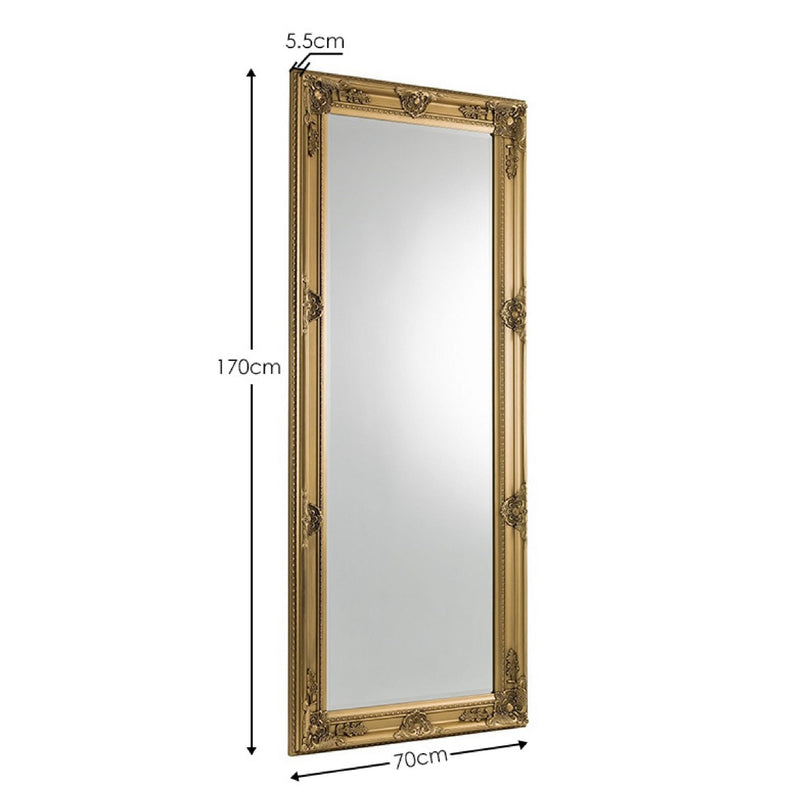 Gold-framed mirror with dimensions on a white background