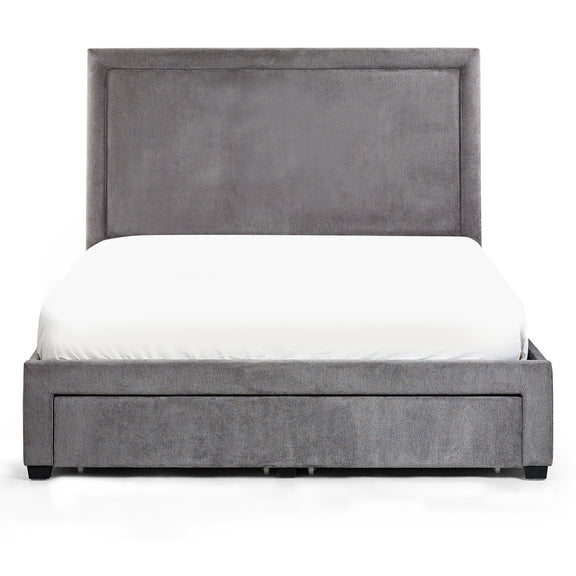 Gray upholstered bed with white mattress on a white background
