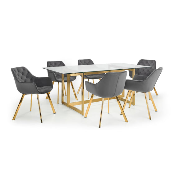 Dining table set with gray chairs on a white background