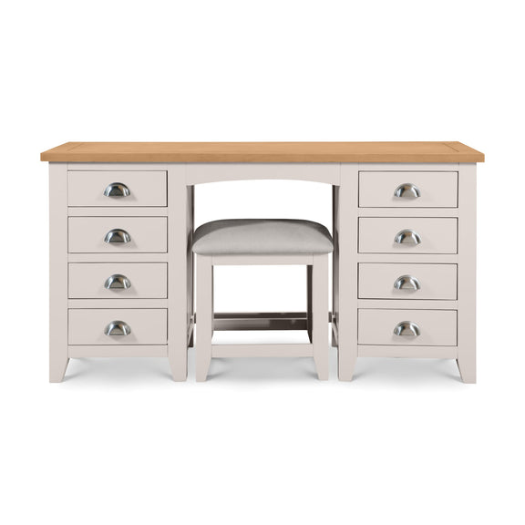 White dressing table with wooden top and stool on a white background