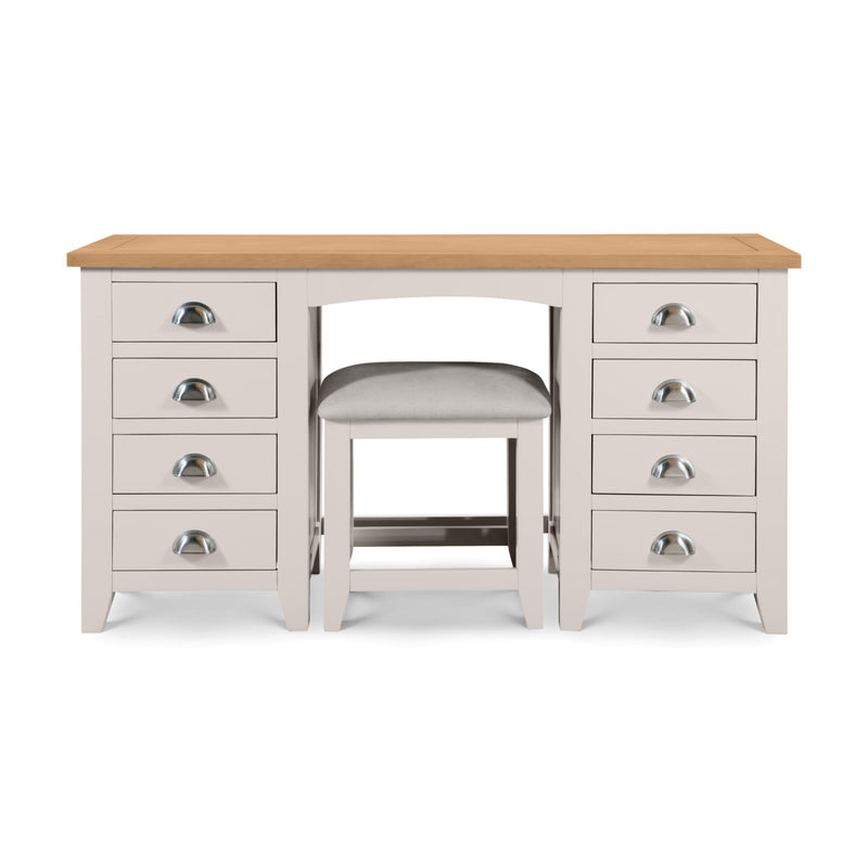 White dressing table with wooden top and stool on a white background