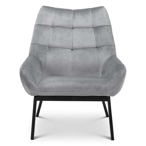 Gray upholstered armchair with black legs on a white background