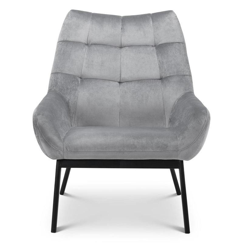 Gray upholstered armchair with black legs on a white background